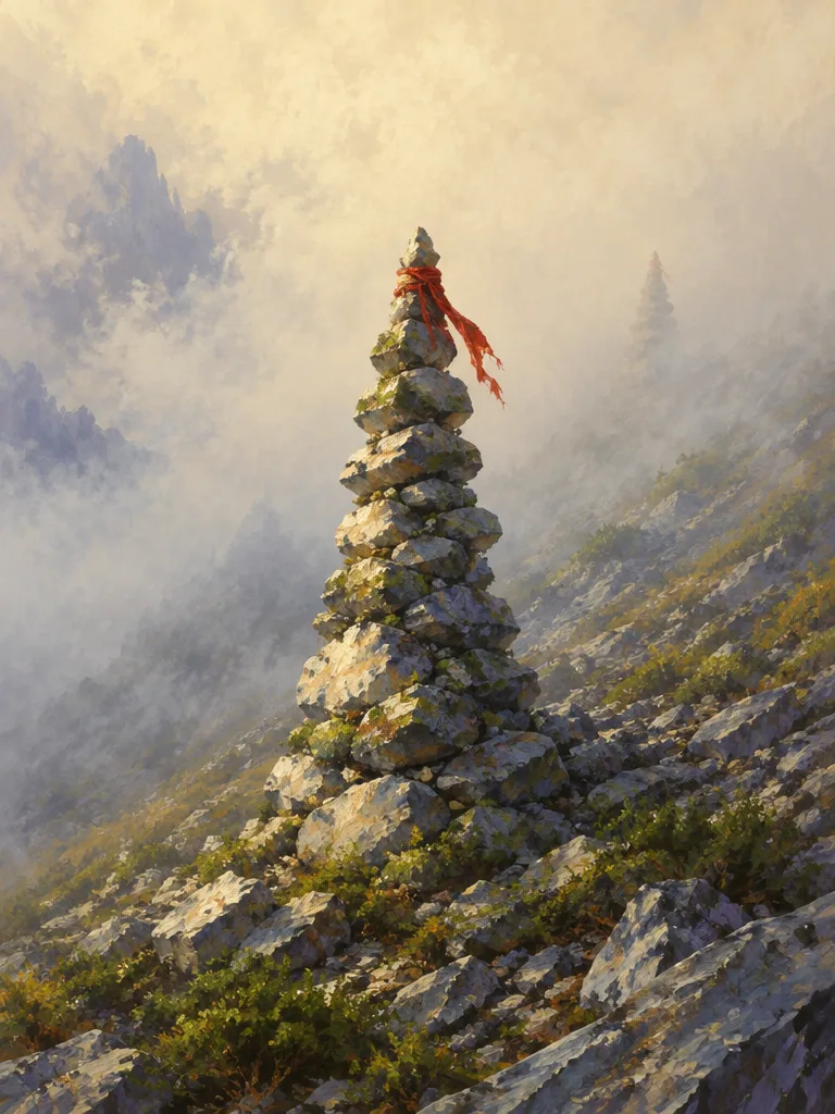 Cairn berkain merah di lereng batu, separuh hilang dalam kabut.