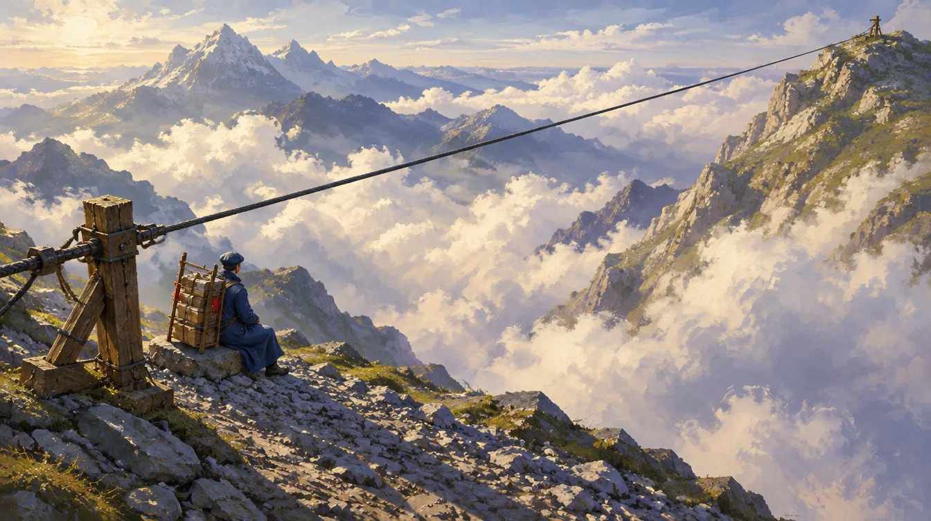 Lereng batu di atas lautan awan, kabel luncur melintang ke puncak seberang, Wend beristirahat di dekat tiang jangkar.