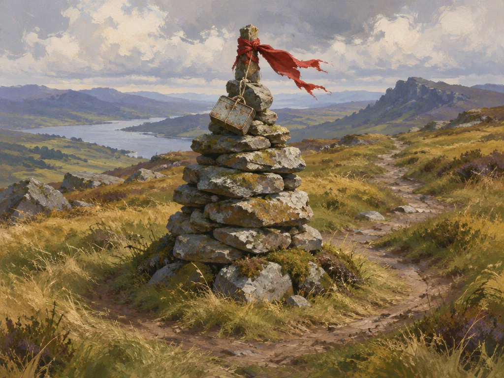 Cairn dari batu pipih bertumpuk dengan kain merah di puncak dan kaleng kecil terikat tali.